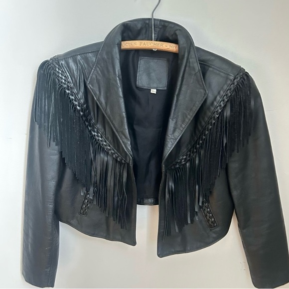 Jackets & Blazers - Vintage Black Fringe Leather Cropped Jacket - Women